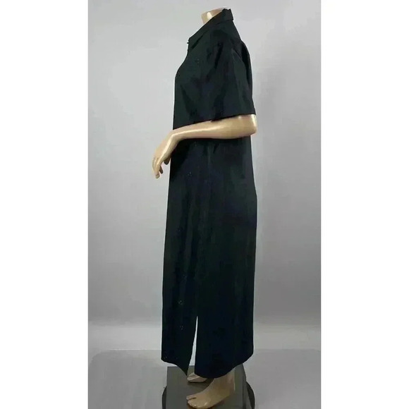 VTG JA Studio Dress Large Black Shift Midi Maxi Popover Button Collared Ramie - Picture 4 of 9